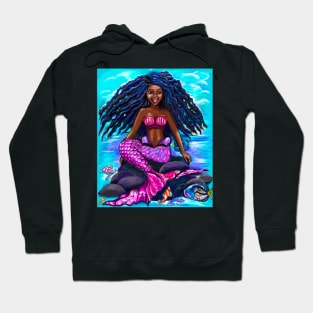 Black mermaid with flowing locks singing , brown eyes Afro hair and caramel brown skin Hoodie